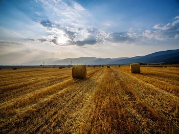 Hay bales on field against sky