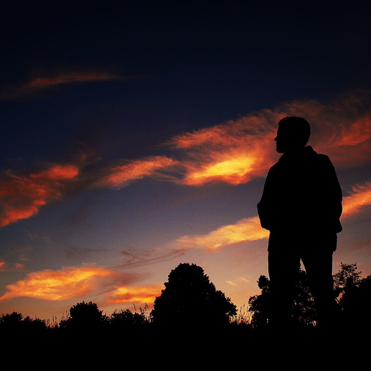 silhouette, sunset, sky, orange color, lifestyles, leisure activity, standing, men, beauty in nature, scenics, cloud - sky, tranquility, togetherness, tranquil scene, nature, person, rear view