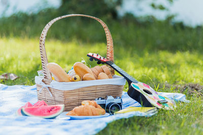 Various fruits in basket on field