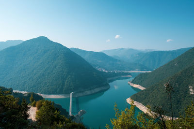 Scenic view of lake and mountains against sky