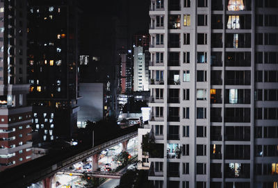 High angle view of illuminated buildings at night