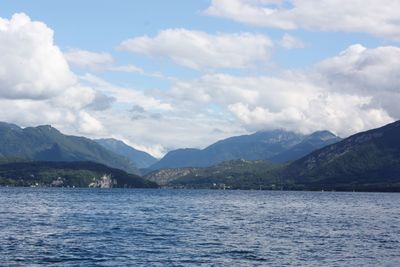 Scenic view of lake and mountains against sky