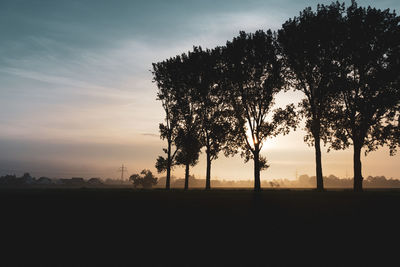 Silhouette trees on field against sky during sunset