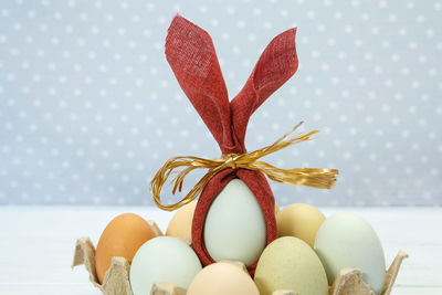 Close-up of easter eggs on table