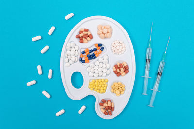 High angle view of food on blue background
