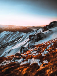 Aerial view of snow covered landscape against sky