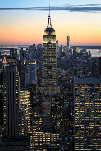 View of city lit up at night