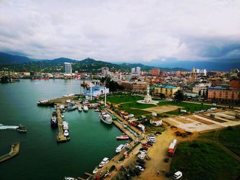 High angle view of city at waterfront