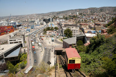 High angle view of city against clear sky