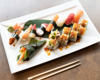 High angle view of sushi in plate on table