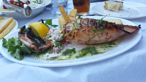 Close-up of food in tray on table