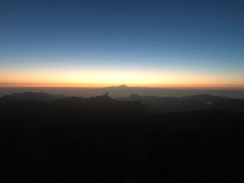 Scenic view of silhouette mountains against clear sky during sunset