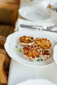 High angle view of food in plate on table