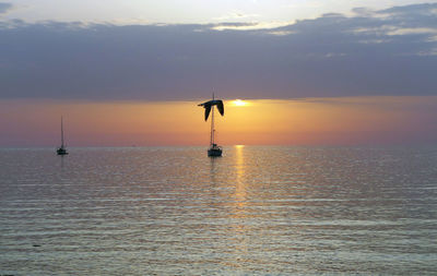 Silhouette sailboat in sea against sky during sunset