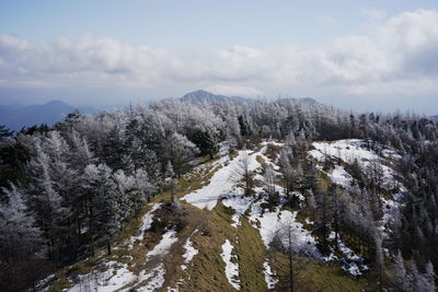 Panoramic view of snow covered mountains against sky