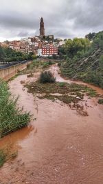 Buildings in city against cloudy sky