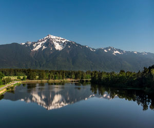 Scenic view of lake and mountains against clear blue sky