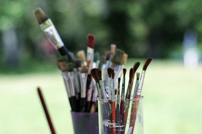 Close-up of paintbrushes in container