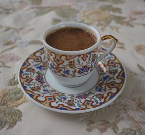 High angle view of coffee cup on table