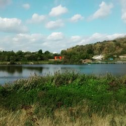Scenic view of lake against cloudy sky