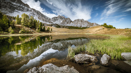 Scenic view of lake and mountains against sky