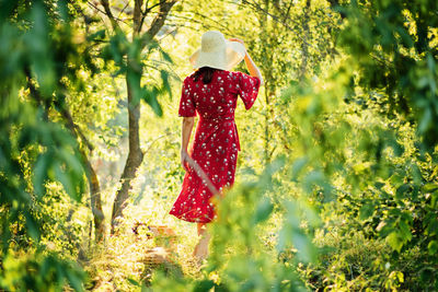 Woman in red dress enjoying nature. nature therapy, ecotherapy, practice of being in nature to