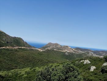 Scenic view of mountains against clear blue sky