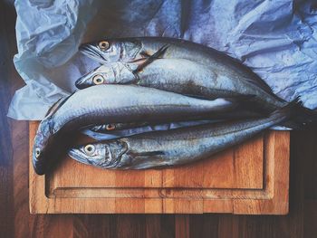 High angle view of fish on cutting board