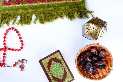 High angle view of christmas decorations on table