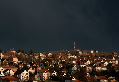 High angle view of townscape against sky at night