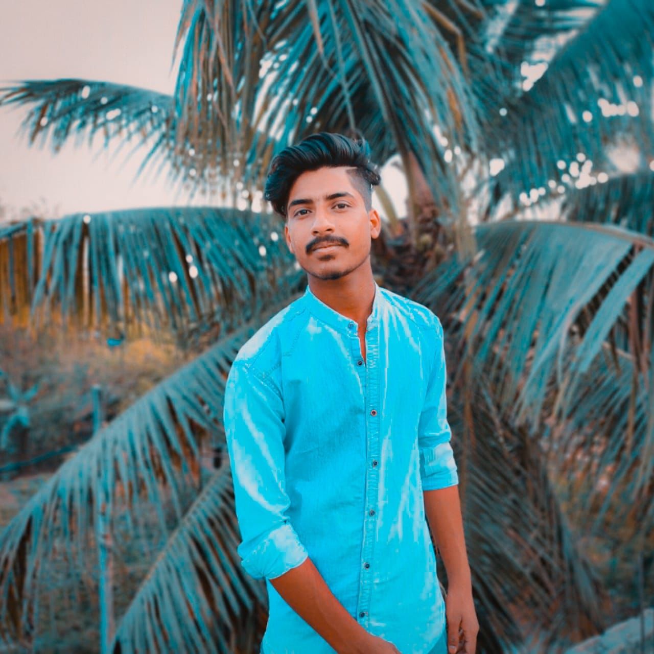 blue, one person, palm tree, tropical climate, adult, portrait, men, nature, standing, smiling, young adult, looking at camera, tree, clothing, front view, plant, person, vacation, emotion, land, happiness, waist up, outdoors, three quarter length, spring, looking, day, occupation, lifestyles, holiday, travel destinations