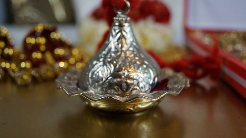 Close-up of christmas decoration on table