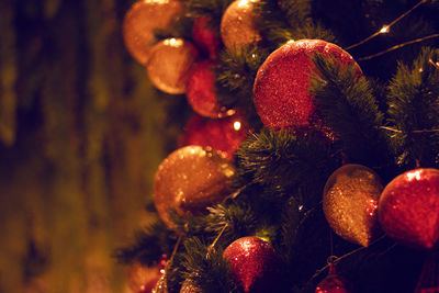 Close-up of decorations on christmas tree