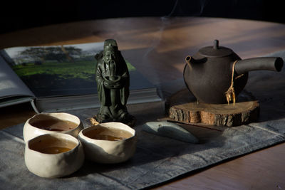 Close-up of tea cups on table