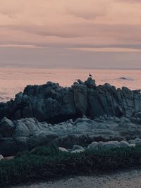 Rocks on sea shore against sky during sunset