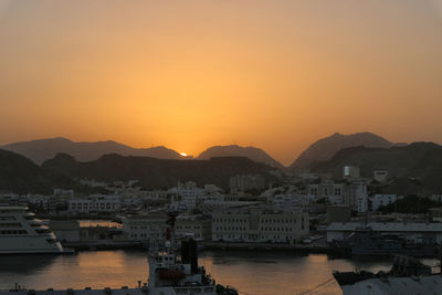 View of city at waterfront during sunset