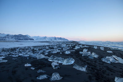 Scenic view of frozen lake against clear sky