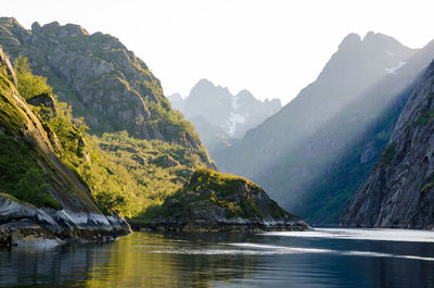 Scenic view of lake and mountains against clear sky