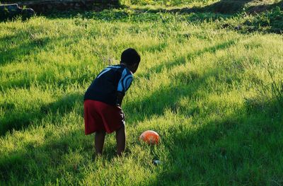 Little boy wants to take the ball in the meadow