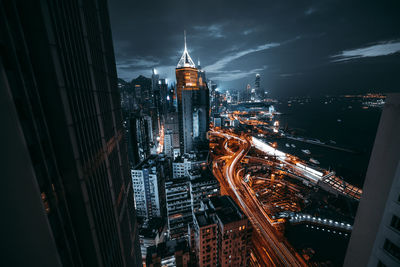 High angle view of illuminated city at night