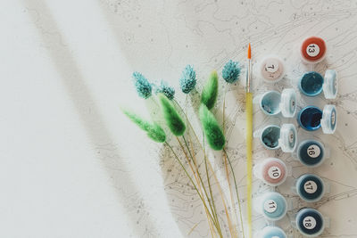 High angle view of pills on table