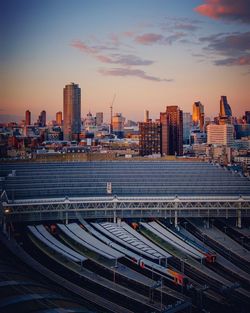 City skyline at sunset