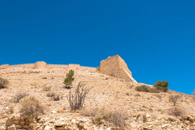 Low angle view of rock formation against clear blue sky