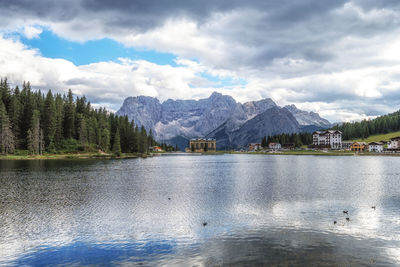 The view of lake misurina and mount sorapiss taken during summer. dolomite, italy.