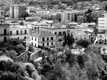 High angle view of buildings in city