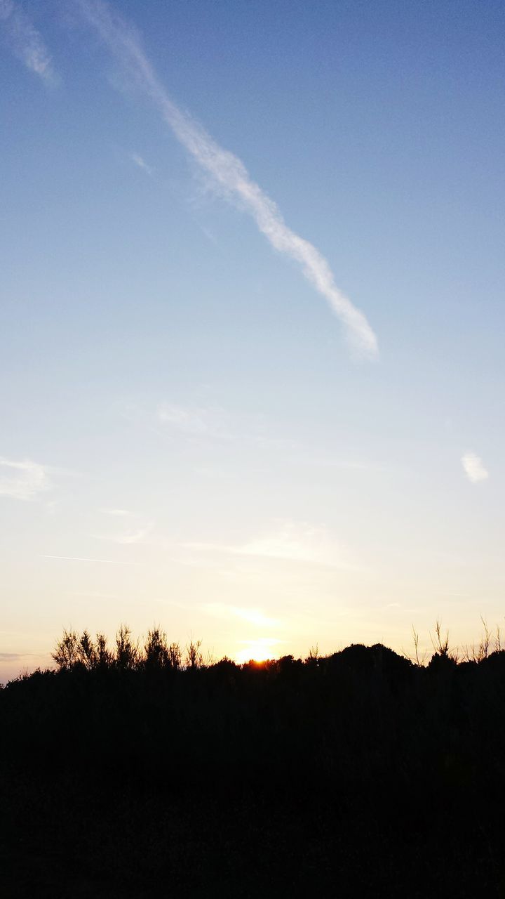 silhouette, sunset, tranquil scene, scenics, tranquility, beauty in nature, sky, landscape, nature, idyllic, tree, copy space, cloud, blue, cloud - sky, orange color, outdoors, non-urban scene, no people, dusk