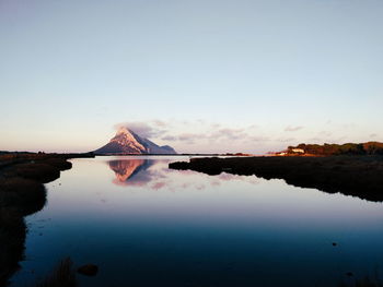 Reflection of mountain in lake against clear sky