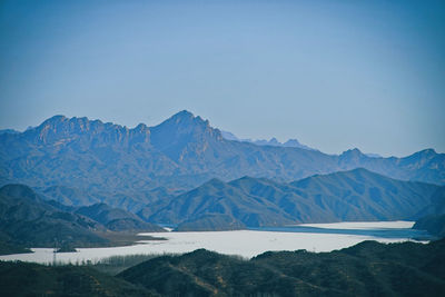 Scenic view of snowcapped mountains against clear sky