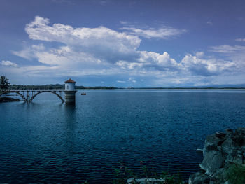 Scenic view of bridge over sea against sky