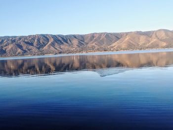 Scenic view of lake by mountains against clear sky